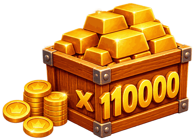 Forziere di legno pieno di lingotti d'oro e monete con un moltiplicatore x10.000