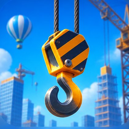 Gancio della gru giallo e nero sospeso sopra un cantiere