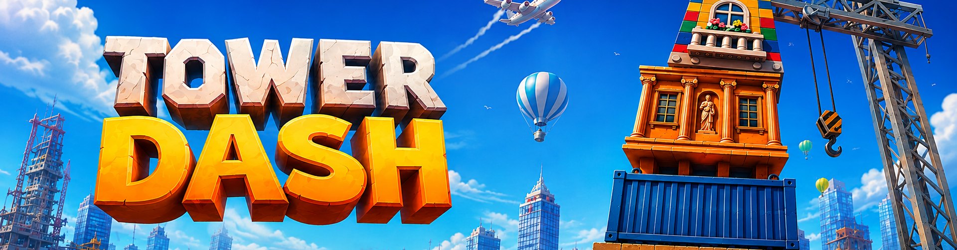Banner del gioco Tower Dash di INOUT Games: torre di blocchi impilati e gru da cantiere sopra una città